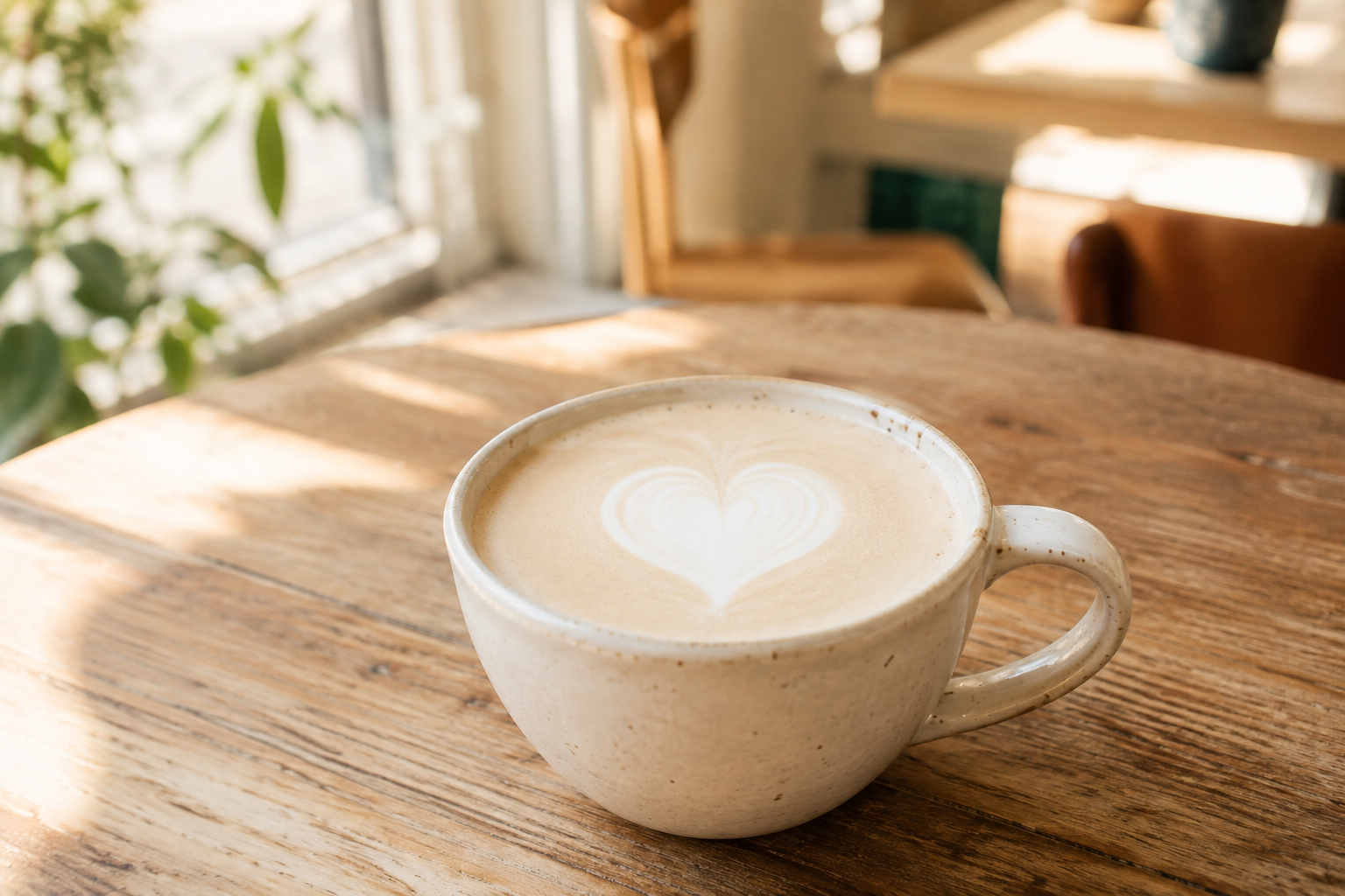Warm cafe scene with a chai latte in a speckled ceramic cup on a sunlit wooden table